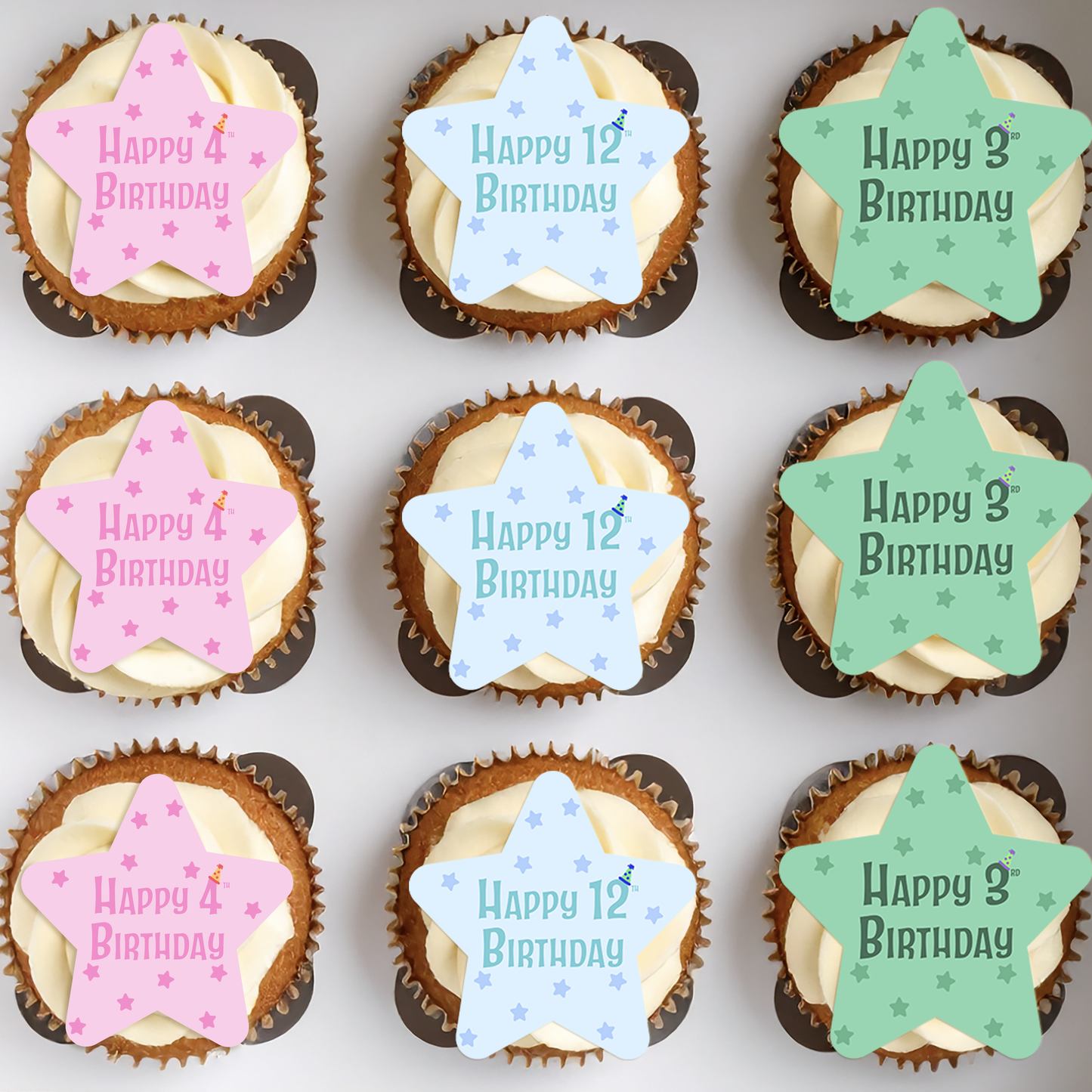 Custom Icing Star Happy Birthday Cupcake Topper